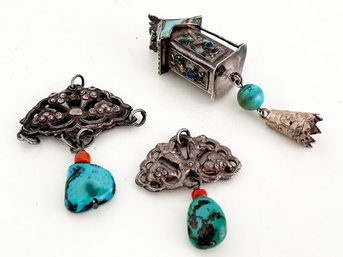 Antique Asian Necklace Pendants - Silver And Turquoise