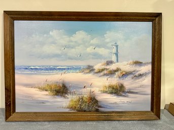 Seascape W/ Sand Dunes & Lighthouse - Signed Loomis Dean