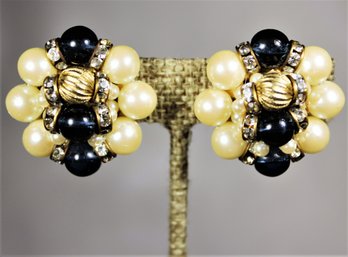 Vintage Pair Of Faux Pearl And Rhinestone Ear Clips