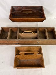 Trio Of Wood Handled Primitive Cutlery Caddy & Tool Boxes - Appear Hand Crafted  7.5'L 12'L 19'L