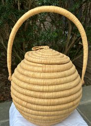 Vtg Hand Woven Beehive Coil Basket With Lid And Handle 23' H Including Handle 13' H Without Handle No Issues