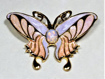 Contemporary Gold Tone Enamel And Faux Opal Butterfly Brooch