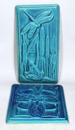 Two Hand Crafted Turquoise Glazed Arts And Crafts Tiles Having Dragon Fly And Frog