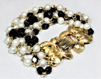 Signed STAR Black And Faux Pearl Gold Tone Multi Strand Bracelet 7' Long