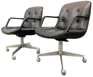 A Pair Of Vintage Mid Century Steelcase Chairs In Brown Leather