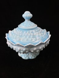 Vintage Fenton Hobnail Blue Marble Milk Glass Covered Candy Dish