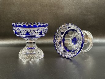 An Attractive Pair Of Vintage Footed Compotes, Cobalt Cut To Clear