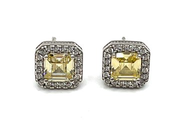 Sterling Silver Citrine Color Square Stone With Clear Stones Stud Earrings