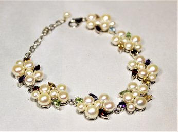 Ross Simons Sterling Silver Cultured Pearl And Genuine Gemstone Bracelet In Case 9' Long