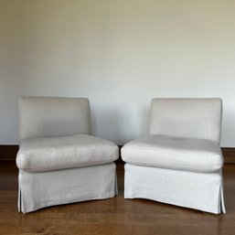 A Pair Of  Custom Upholstery Slipper Chairs - Quality Linen/Wool Blend Geometric - 2 Of 2