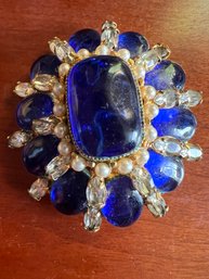 Large Cobalt Jeweled Vintage Brooch With Pearl And Crystal Adornments