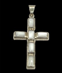 Beautiful Mexican Solid Sterling Silver Large Mother Of Pearl Inlay Cross Pendant