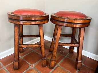 Pair Of Heavy Wood  And Leather Swivel Stools