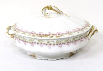 A Lovely Theodore Haviland Limoges Victorian Era Covered Vegetable Dish With Gold Trim & Purple Flowers