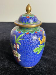 Vintage Chinese Blue Cloisonne Peony Flower Lidded Urn Vase