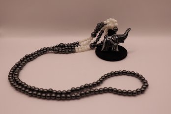 Hematite And Mother Of Pearl Bead Necklace With Hematite Elephant 16.5' Long No Clasp