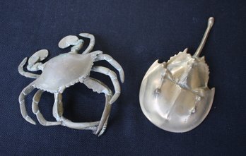 Lidded Brass Crab Ashtray And Brass Horseshoe Crab Display