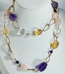 BEAUTIFUL SIGNED JT GOLD OVER STERLING SILVER ROCK CRYSTAL, AMETHYST, QUARTZ AND CITRINE NECKLACE