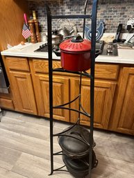 Nice Vintage Lot - Heavy Metal Stand With 2 Cast Iron Pots With Lids And Handles 1 Red Enamel Locking Pot