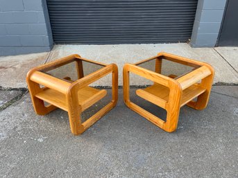 Vintage Lou Hodges Style Oak And Glass Side Tables