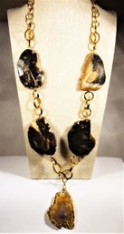 SUPERB Large Gold Tone And Geode Polished Stone Designer Necklace