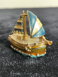 Signed Monet Porcelain Sailboat Hinged Trinket Box
