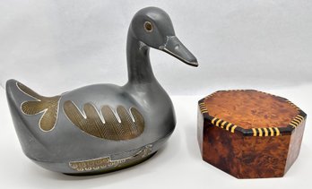 Vintage Pewter & Brass Duck Covered Bowl & Burl Wood Trinket Box