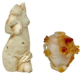 Female Torso Statuette And A Carved Carnelian Agate Miniature Vase With Floral Motif