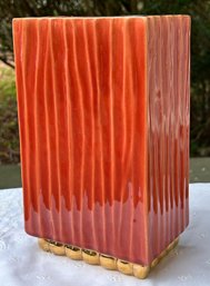 MCM Rare Dick Knox California Pottery Orange Pleated Rectangular Vase Gold Trim And Base 9' Height No Issues