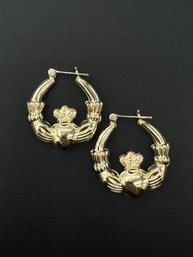 Gorgeous 14k Yellow Gold Claddagh Hoop Earrings