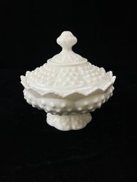 Fenton Hobnail Opaque Milk White Glass Pedestal Candy Dish With Lid