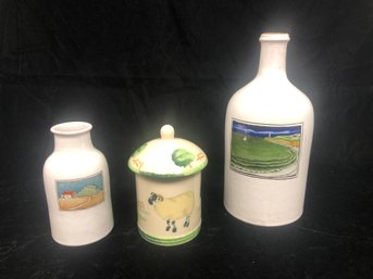 Set Of Mixed Hand-painted Earth-ware Storage Jars