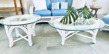 Set Two White Wicker Tables With Glass Tops