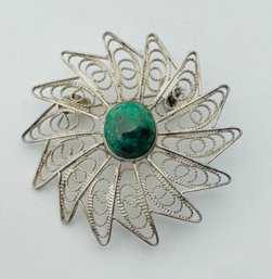 VINTAGE FILIGREE EILAT STONE STERLING PINWHEEL BROOCH - ISRAEL