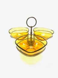 Vintage Center Handle Amber Glass 3 Part Condiment/serving Dish By Verego