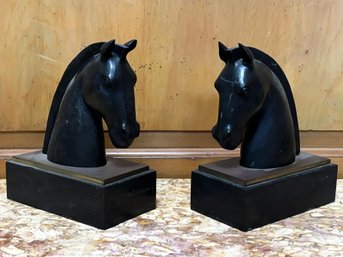 A Pair Of Vintage Equestrian Bookends Of Soapstone And Brass