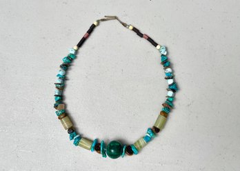 1970s Beaded Necklace With Turquoise, Malachite & Tiger's Eye Stones