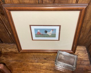 Nancy Lubeck Signed Numbered 583/950 Folk Art Print Express  & Glass Box With Etched Chicken