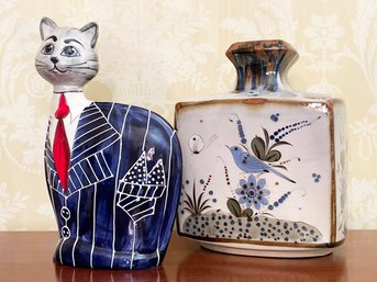 Large Art Ceramic Piece - Vase And Cat