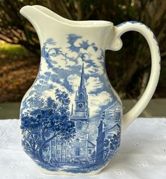 Vtg Liberty Blue  Ironstone Pitcher Old North Church Historical Colonial Scene Made In England 8' Height