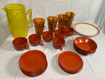 Rustic Brown Melamine Dishes Plates Bowls Cups And Saucers, 4 Plastic Tumbler Cups And A Yellow Fish Pitcher