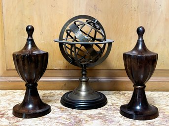 A Pair Of Vintage Carved Wood Newel Post Caps And A Brass Armillary Sphere