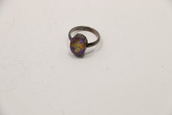 Vintage Painted Flower Under Glass Ring Size 5
