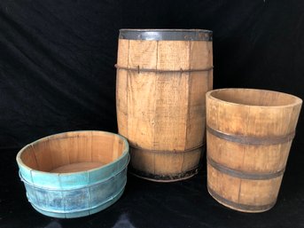 Set Of Three Vintage Wood Barrels