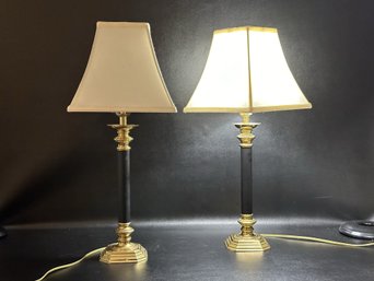 *An Elegant Pair Of Candlestick Lamps In Black & Brass With Square Bell Shades