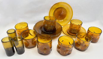 Mexican Hand Blown Amber Glass Cups, Plates & Shot Glasses (17 Pieces)