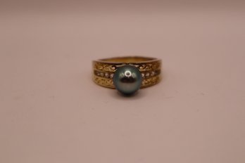 925 Sterling Silver And Gold Overlay With Gray Pearl And Clear Stones 'STS' Chuck Clemency Ring Size 11