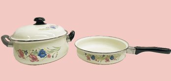 Three Piece Set Of Pretty Floral Enamel Cookware-Dutch Oven With Lid & Pan