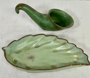 2 Piece Lot Of Vintage Frankoma Pottery - Cornucopia 1950s Or Earlier And Leaf Shaped Bowl