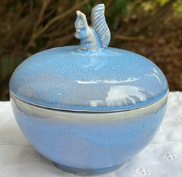 Vintage Blue Carillon China USA Glazed Mottled Covered Dish With Squirrel Knob 7' Height No Issues